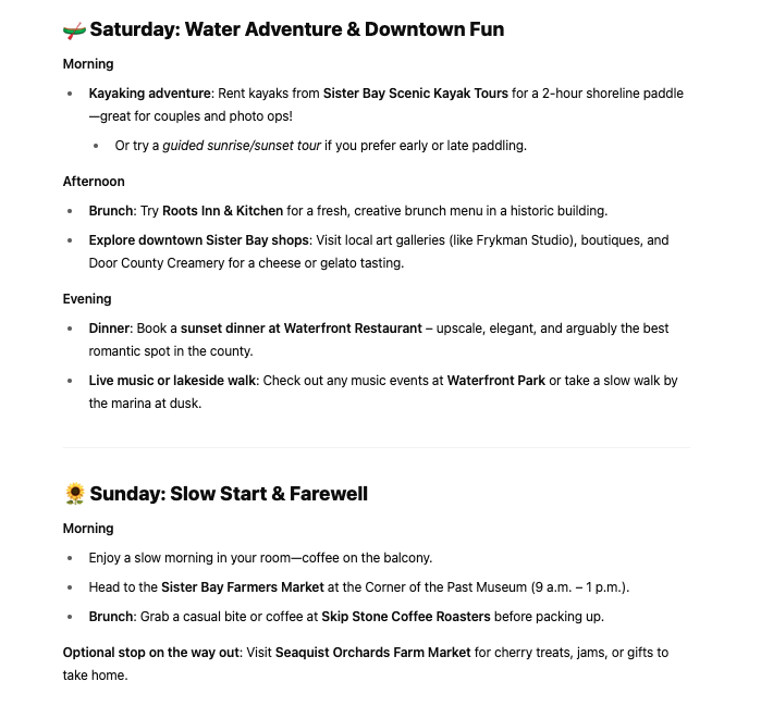 chatgpt results for sister bay door county weekend activities