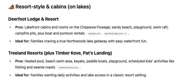 chatgpt results for hayward wi northwoods resort options