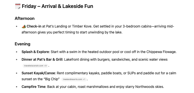 chatgpt results for hayward wi northwoods vacation itinerary
