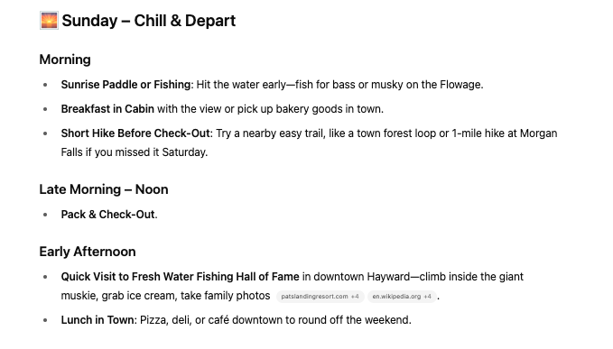 chatgpt results for hayward wi northwoods vacation weekend itinerary